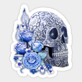 Unique Cool Blue Floral Blue Flowers Skull Sticker